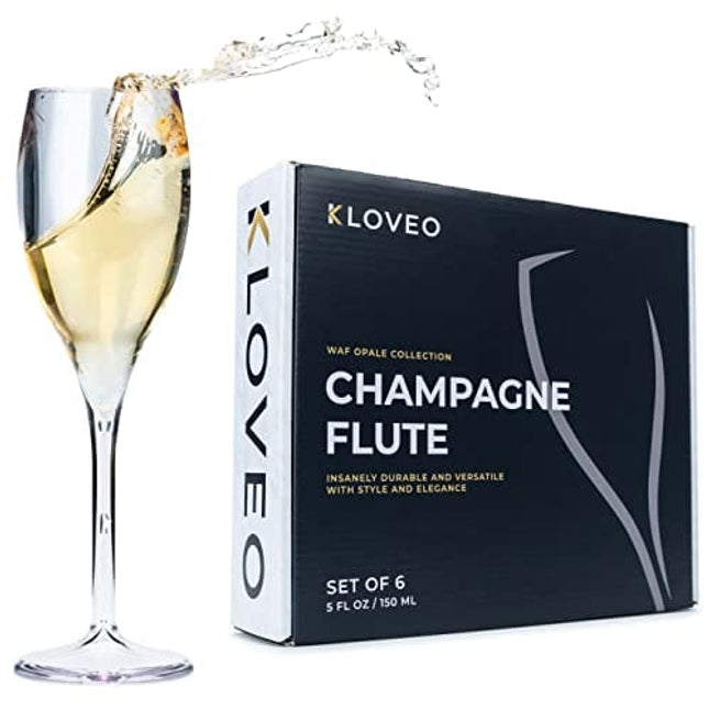 KLOVEO Plastic Champagne Flutes - Set of 6 - Made in Italy - Insanely Durable and Versatile Plastic Champagne Glasses - Reusable, Dishwasher Safe, Mimosa Glasses, White Wine Glasses - 5 oz, Clear