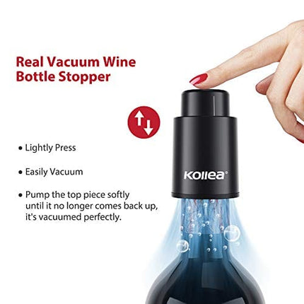 Wine Stoppers, Kollea Wine Bottle Stoppers, Vacuum Wine Stoppers, Reusable Wine Preserver with Time Scale, Wine Vacuum Pump Wine Saver Wine Corks, Best Gift for Wine Lovers (2 Pack, Black)