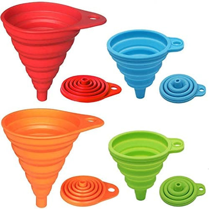 KongNai Kitchen Funnel Set 4 Pack, Small and Large, Kitchen Gadgets Accessories Foldable Silicone Collapsible Funnels for Filling Water Bottle Liquid Transfer Food Grade