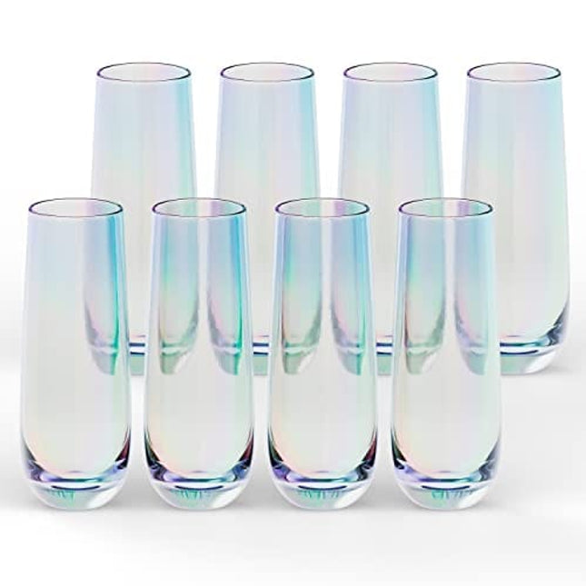 KooK Stemless Iridecent Champagne Flutes, Durable Glass, Great for Mimosa, Cocktails, Toasting Weddings Glasses, 9.4 oz, Set of 8