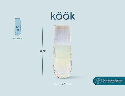 KooK Stemless Iridecent Champagne Flutes, Durable Glass, Great for Mimosa, Cocktails, Toasting Weddings Glasses, 9.4 oz, Set of 8