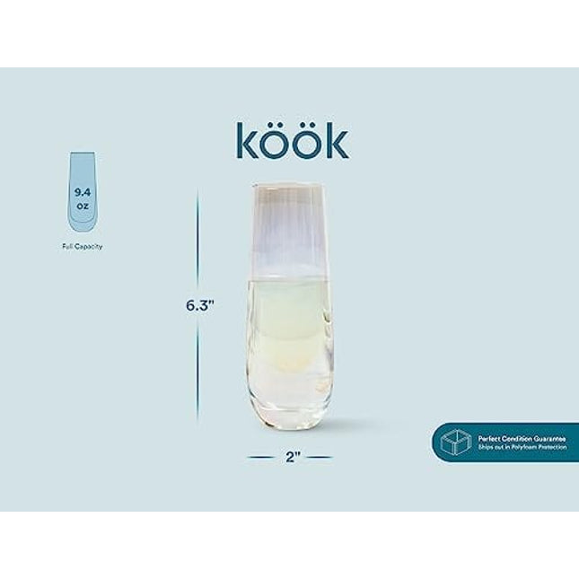 KooK Stemless Iridecent Champagne Flutes, Durable Glass, Great for Mimosa, Cocktails, Toasting Weddings Glasses, 9.4 oz, Set of 8