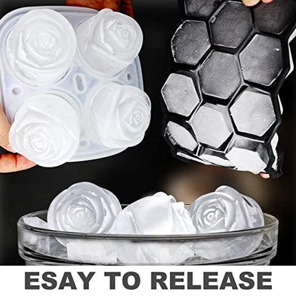 KooMall 3D Rose Ice Molds 2.5 Inch, Large Ice Cube Trays, Make 4 Giant Cute Flower Shape Ice, Silicone Rubber Fun Big Ice Ball Maker for Cocktails Juice Whiskey Bourbon Freezer, Dishwasher Safe, Pink