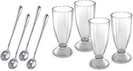 KOVOT Set Of 4 Old Fashioned Soda Glasses And Spoons - (4) 13-Ounce Classic Ice Cream Soda Glasses & (4) Metal Spoons