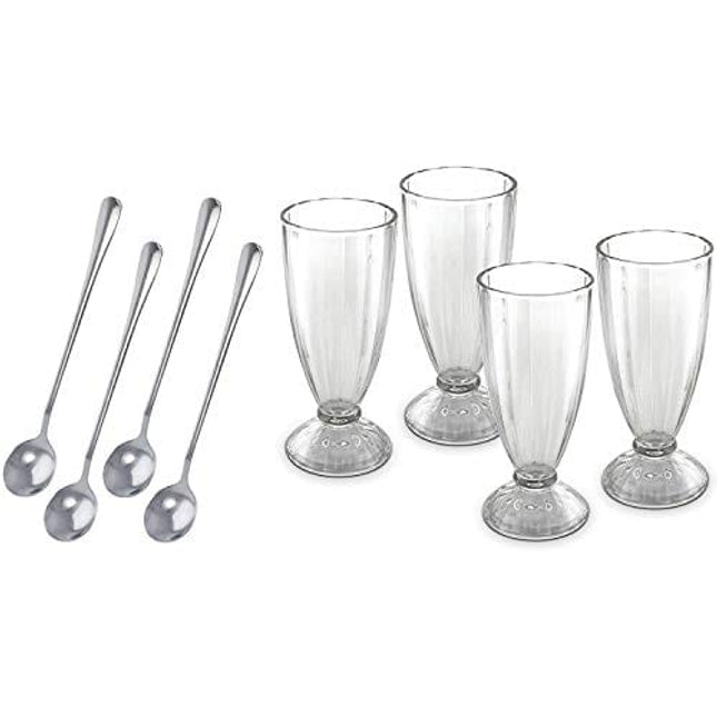 KOVOT Set Of 4 Old Fashioned Soda Glasses And Spoons - (4) 13-Ounce Classic Ice Cream Soda Glasses & (4) Metal Spoons