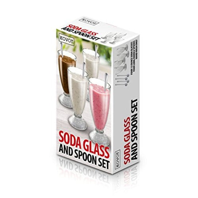 KOVOT Set Of 4 Old Fashioned Soda Glasses And Spoons - (4) 13-Ounce Classic Ice Cream Soda Glasses & (4) Metal Spoons