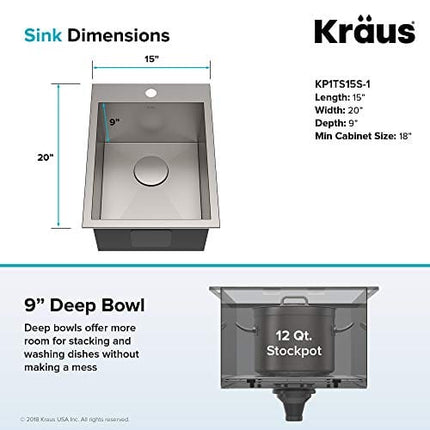 Kraus KP1TS15S-1 Pax Kitchen Sink Single Bowl, 15 Inch, Zero Radius