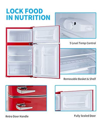 KUPPET Retro Mini Refrigerator 2-Door Compact Refrigerator for Dorm, Garage, Camper, Basement or Office, 3.2 Cu.Ft (Red)