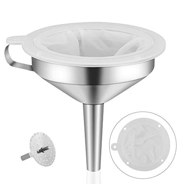 Lakatay 5-Inch Food Grade Stainless Steel Kitchen Funnel with 200 Mesh Food Filter Strainer for Transferring of Liquid Dry Ingredients and Metal Cooking Funnel
