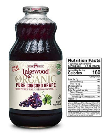 Lakewood Organic PURE Concord Grape Juice, 32 Fl Oz, Pack of 6