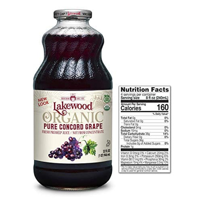 Lakewood Organic PURE Concord Grape Juice, 32 Fl Oz, Pack of 6