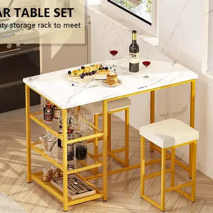Lamerge Kitchen Table Set for 2,Kitchen Island with Seating Bar Table with Storage,Faux Mable Bar Table and Shairs Set for Small Space,Dining Room,Small Dining Table for 2,White Gold