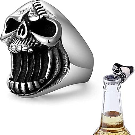 LAOYOU Skull Ring, Mens Skull Rings for Men Vintage Solid Gothic Punk Rock Biker Rings Surgical Stainless Steel Jewelry Creative Beer Bottle Opener Antique Great Christmas Gifts Halloween Size 10