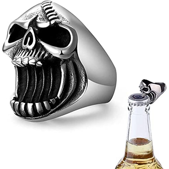 LAOYOU Skull Ring, Mens Skull Rings for Men Vintage Solid Gothic Punk Rock Biker Rings Surgical Stainless Steel Jewelry Creative Beer Bottle Opener Antique Great Christmas Gifts Halloween Size 10