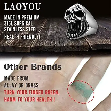 LAOYOU Skull Ring, Mens Skull Rings for Men Vintage Solid Gothic Punk Rock Biker Rings Surgical Stainless Steel Jewelry Creative Beer Bottle Opener Antique Great Christmas Gifts Halloween Size 10
