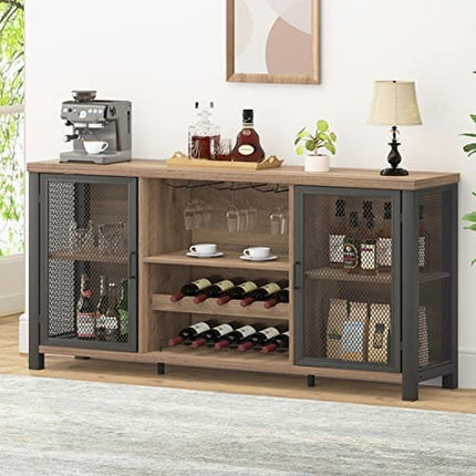 Launica Wine Bar Cabinet, Industrial Coffee Bar Cabinet, Farmhouse Liquor Bar Cabinet for Liquor and Glasses, Sideboard Buffet Cabinet with Storage Rack for Home Kitchen Dining Room, Rustic Oak, 55 In