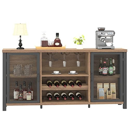 Launica Wine Bar Cabinet, Industrial Coffee Bar Cabinet, Farmhouse Liquor Bar Cabinet for Liquor and Glasses, Sideboard Buffet Cabinet with Storage Rack for Home Kitchen Dining Room, Rustic Oak, 55 In
