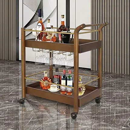LAZZO Bar Serving Cart, Home Kitchen Wine Cart with Goblet Glass Holder, Handle Rack, Spherical Wheels Rolling, 2 Wood Metal Stroage Shelves, Rustic& Mobile Serving Trolley for Home Restaurant, Brown
