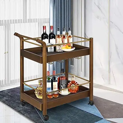 LAZZO Bar Serving Cart, Home Kitchen Wine Cart with Goblet Glass Holder, Handle Rack, Spherical Wheels Rolling, 2 Wood Metal Stroage Shelves, Rustic& Mobile Serving Trolley for Home Restaurant, Brown