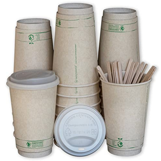 16oz Compostable Coffee Cups by Living Balance | 75 cups with cPLA Lids, Stirrers, and Integrated Sleeves