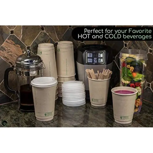 16oz Compostable Coffee Cups by Living Balance | 75 cups with cPLA Lids, Stirrers, and Integrated Sleeves