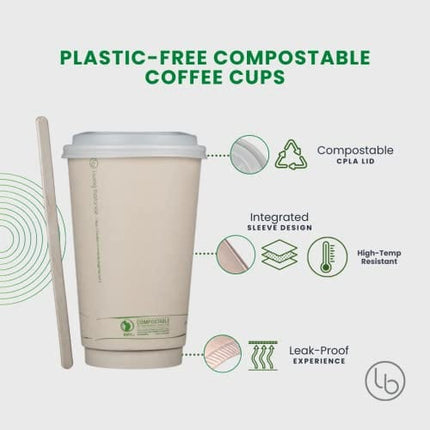 16oz Compostable Coffee Cups by Living Balance | 75 cups with cPLA Lids, Stirrers, and Integrated Sleeves