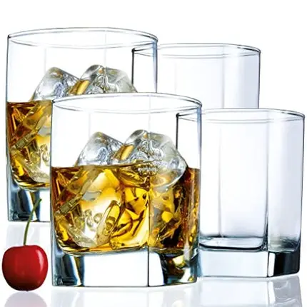Square Drinking Whiskey Glasses Set of 4, Old Fashioned Glass Cup Bar Set, Stemless Everyday Rocks Whisky Glass Best Present for Men, Scotch, Bourbon, Vodka, Wine, Cocktail, Liquor, Tequila, Smoothie