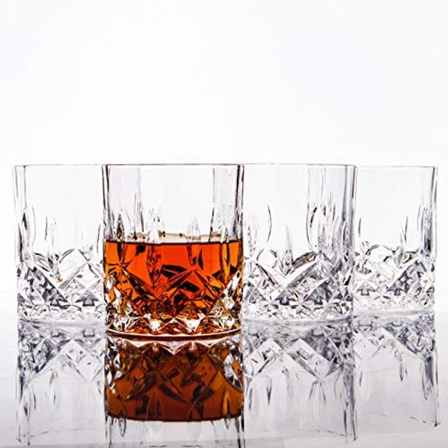 LEMONSODA Crystal Cut Old Fashioned Whiskey Glasses - Whiskey Gifts for Men - 10oz Ultra-Clear Premium Lead-Free Crystal Glass Tumbler For Drinking Bourbon, Scotch, Cognac, Cocktails (Set of 4)