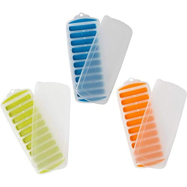 Lily's Home Silicone Narrow Ice Stick Cube Trays with Easy Push and Pop Out Material, Ideal for Sports and Water Bottles, Assorted Bright Colors. With Lids