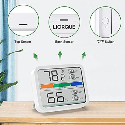 LIORQUE Hygrometer Indoor Thermometer, Room Humidity Gauge with Temperature, Digital Temperature and Humidity Monitor with Min and Max Records Indicator for Home Garage Greenhouse Wine Cellar