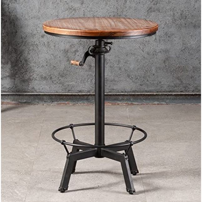 LOKKHAN 33.5-39.4 Inch Tall Industrial Bar Table-Adjustable Bar Height Bistro Whiskey Pub Table-23.7" Dia Swivel Round Wood Top Metal Base-Easily Adjusts by Crank Handle