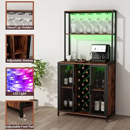 Loomie Wine Bar Cabinet with LED Lights, 5-Tier Industrial Coffee Bar, Buffet Sideboard with Adjustable Shelves, Kitchen Bar Table with Wine Rack Storage and Glass Slots for Liquor and Glasses,Rustic