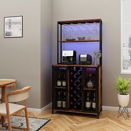 Loomie Wine Bar Cabinet with LED Lights, 5-Tier Industrial Coffee Bar, Buffet Sideboard with Adjustable Shelves, Kitchen Bar Table with Wine Rack Storage and Glass Slots for Liquor and Glasses,Rustic