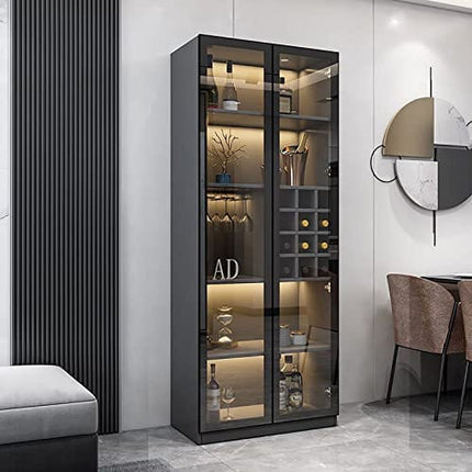 LOVDECORT 5-Tier Modern Wine Bar Cabinet with LED Lights, Sideboard Buffet Cabinet with Wine Rack and Glass Holder, Corner Home Bar for Liquor and Wine Storage, Black