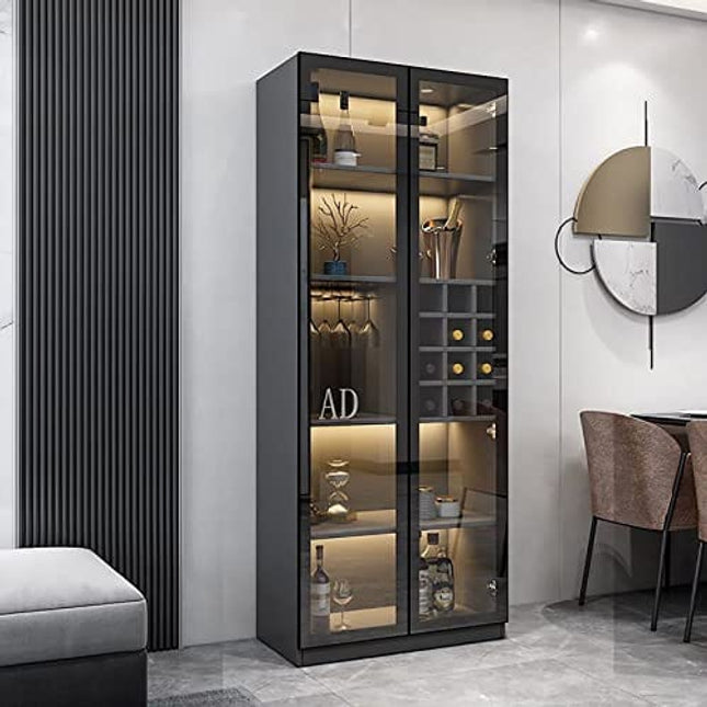 LOVDECORT 5-Tier Modern Wine Bar Cabinet with LED Lights, Sideboard Buffet Cabinet with Wine Rack and Glass Holder, Corner Home Bar for Liquor and Wine Storage, Black