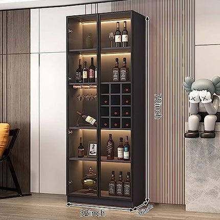 LOVDECORT 5-Tier Modern Wine Bar Cabinet with LED Lights, Sideboard Buffet Cabinet with Wine Rack and Glass Holder, Corner Home Bar for Liquor and Wine Storage, Black