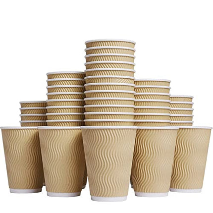 Luckypack Hot Paper Cups_12 oz Disposable Insulated Corrugated Sleeve Ripple Wall Paper Cup for Drink，Hot Coffee Cups （100,12oz Cups） (Brown)