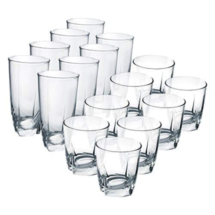 Luminarc 16 Piece Ascot Tumbler Set, 8-16.5 Ounce Coolers & 8-13 Ounce Double Old Fashioned Glasses, Mixed, Clear