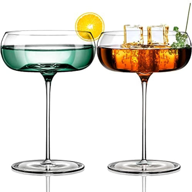 Coupe Cocktail Glass | Set of 2 | 8 oz | Hand-Blown Crystal Martini Glasses | Unique Art Deco Cocktail Glasses for Pisco Sour, Martini, Champagne | Round Champagen Coupe | Vintage Martini Glasses