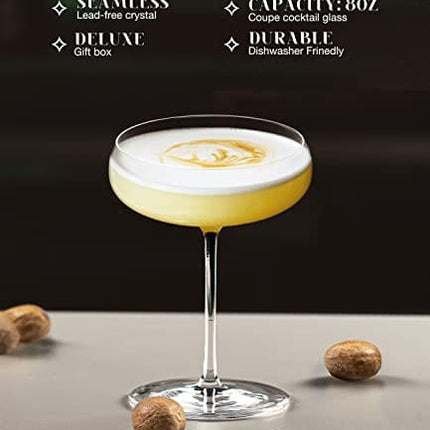 Coupe Cocktail Glass | Set of 2 | 8 oz | Hand-Blown Crystal Martini Glasses | Unique Art Deco Cocktail Glasses for Pisco Sour, Martini, Champagne | Round Champagen Coupe | Vintage Martini Glasses