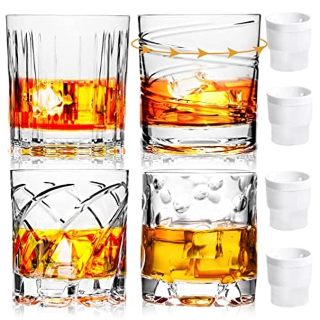 LURRIER Whiskey Glass set of 4,Old Fashioned Whiskey Glasses,10 oz Crystal Whiskey Glass for Scotch,Bourbon,4 Patterns Spinning Whiskey Glass Set,Whiskey Glasses gift with 4 Ice Molds Gift for Men
