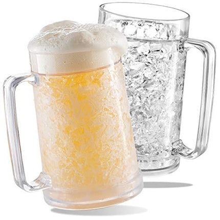 luxail Freezer Beer Mugs, Double Wall, Insulated Gel Plastic Pint Freezable Glasses, 16 oz, Clear 2 pack, Chiller Frosty Cup, Frozen Ice Freezer Mug, Freezer Cups