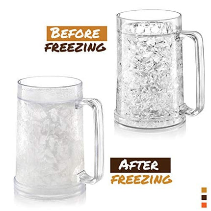 luxail Freezer Beer Mugs, Double Wall, Insulated Gel Plastic Pint Freezable Glasses, 16 oz, Clear 2 pack, Chiller Frosty Cup, Frozen Ice Freezer Mug, Freezer Cups
