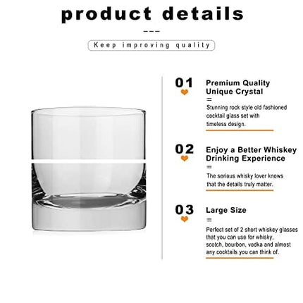 LUXU Crystal Whiskey Glasses, 13oz Heavy Base Old Fashioned Rocks Glasses - Lowball Bar Glasses for Bourbon, Scotch Whiskey, Cocktails, Cognac - Large Cocktail Tumblers Set of 2