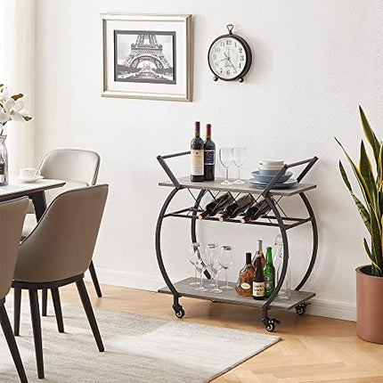 LVB Bar Cart with Wine Rack, 2 Tier Farmhouse Kitchen Cart on Wheels, Modern Wood and Metal Portable Coffee Cart Table for Home, Industrial Mobile Serving Cart with Storage Shelf, Light Grey Oak