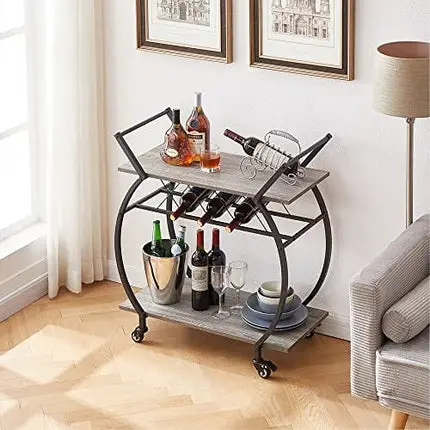 LVB Bar Cart with Wine Rack, 2 Tier Farmhouse Kitchen Cart on Wheels, Modern Wood and Metal Portable Coffee Cart Table for Home, Industrial Mobile Serving Cart with Storage Shelf, Light Grey Oak