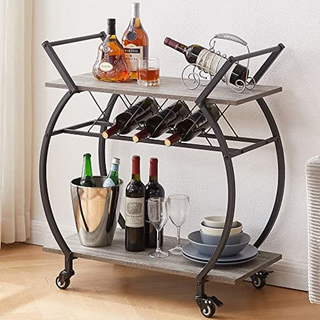 LVB Bar Cart with Wine Rack, 2 Tier Farmhouse Kitchen Cart on Wheels, Modern Wood and Metal Portable Coffee Cart Table for Home, Industrial Mobile Serving Cart with Storage Shelf, Light Grey Oak