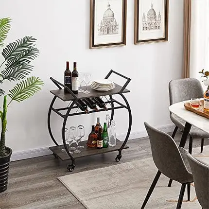 LVB Bar Cart with Wine Rack, 2 Tier Kitchen Coffee Cart on Wheels, Industrial Wood and Metal Portable Liquor Wine Cart for Home, Rustic Modern Mobile Rolling Serving Cart with Shelves, Dark Gray Oak