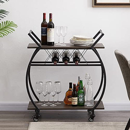 LVB Bar Cart with Wine Rack, 2 Tier Kitchen Coffee Cart on Wheels, Industrial Wood and Metal Portable Liquor Wine Cart for Home, Rustic Modern Mobile Rolling Serving Cart with Shelves, Dark Gray Oak