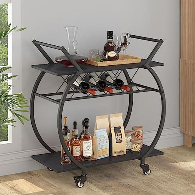LVB Black Wine Cart with Wheels, Modern Bar Cart with Wine Rack, Industrial Beverage Rolling Kitchen Serving Cart with Storage, Metal Wooden Microwave Drink Liquor Cart for Home Dining Room, Black Oak